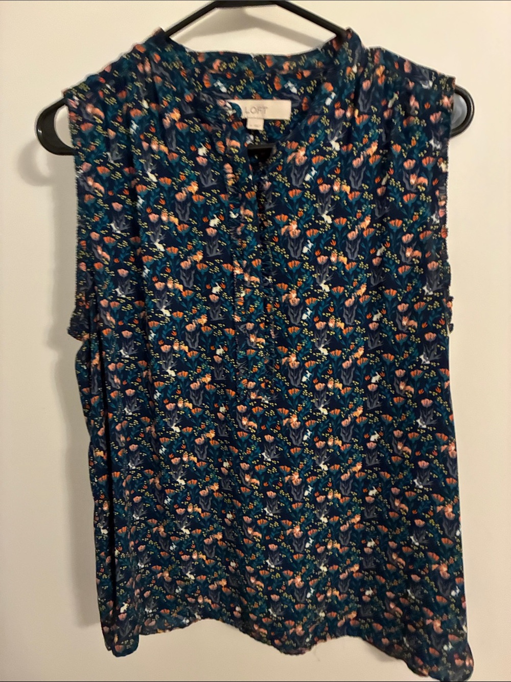 LOFT Teal Floral Sleeveless V-Neck Camisole with Pink & Orange Accents